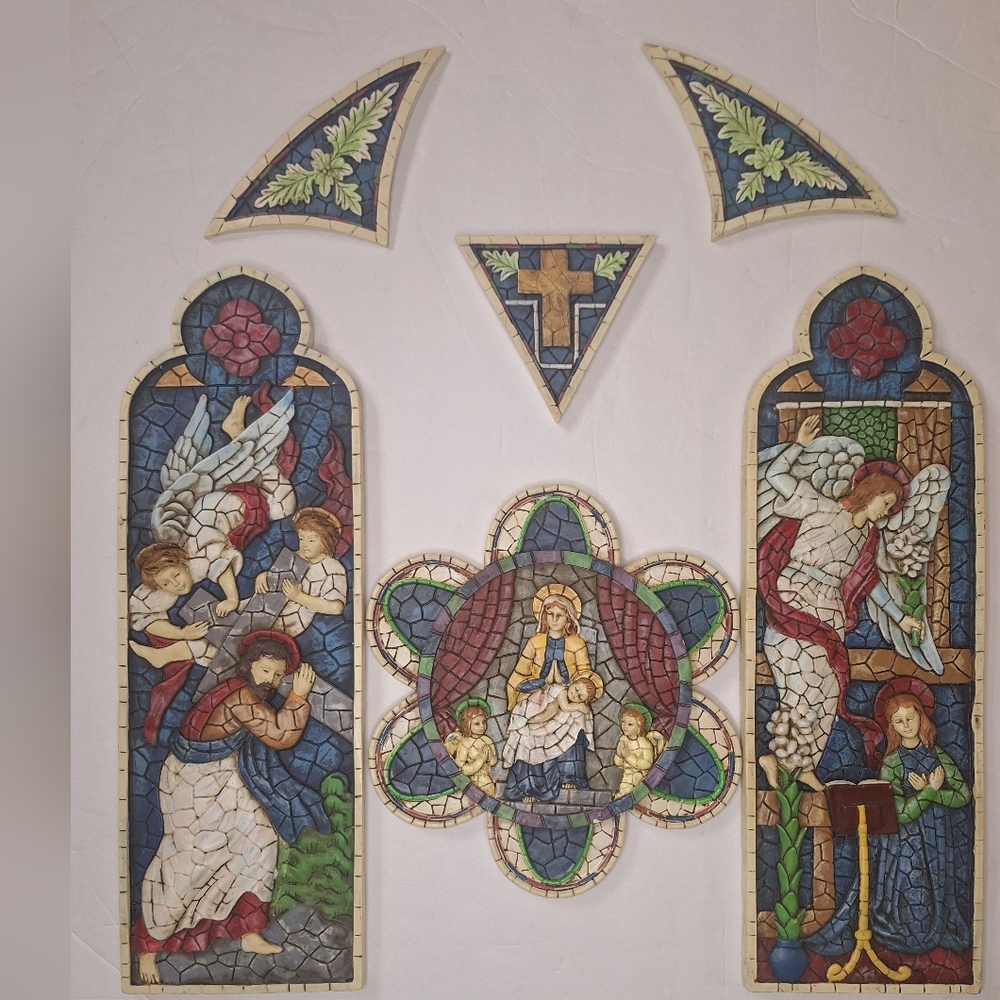 Mosaic Style Religious Wall Plaques Set Annunciation Nativity Agony Resin Art